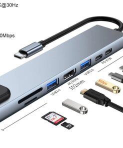 Adaptateur carte sd, hub USB C 8 en 1 vers 4K, RJ45, Lecteur SD/TF, PD, vue de face