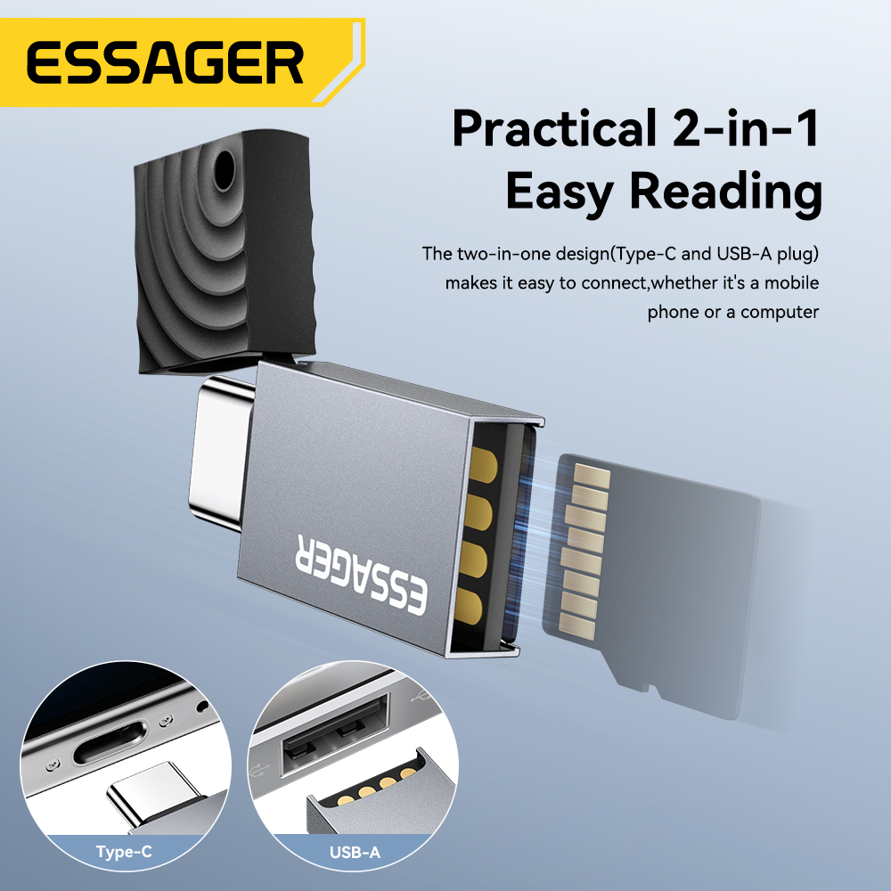 Adaptateur carte SD 2 en 1 mini en USB-C et USB 2.0 Adaptateur carte SD 2 en 1 mini en USB-C et USB 2.0, vue de trois quarts