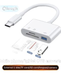 Adaptateur carte SD 3 en 1 en USB-C : SD, micro SD et port USB, vue de trois quarts