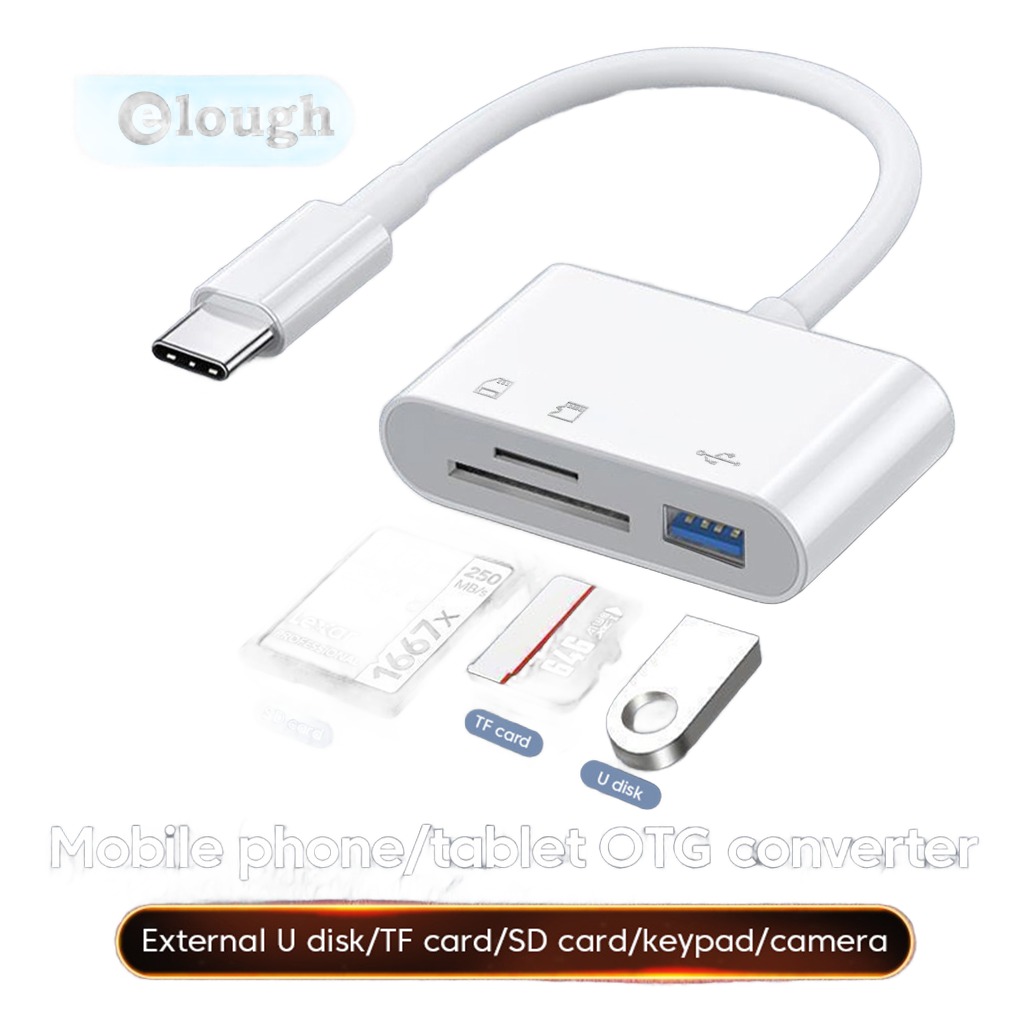 Adaptateur carte SD 3 en 1 en USB-C : SD, micro SD et port USB Adaptateur carte SD 3 en 1 en USB-C : SD, micro SD et port USB, vue de trois quarts