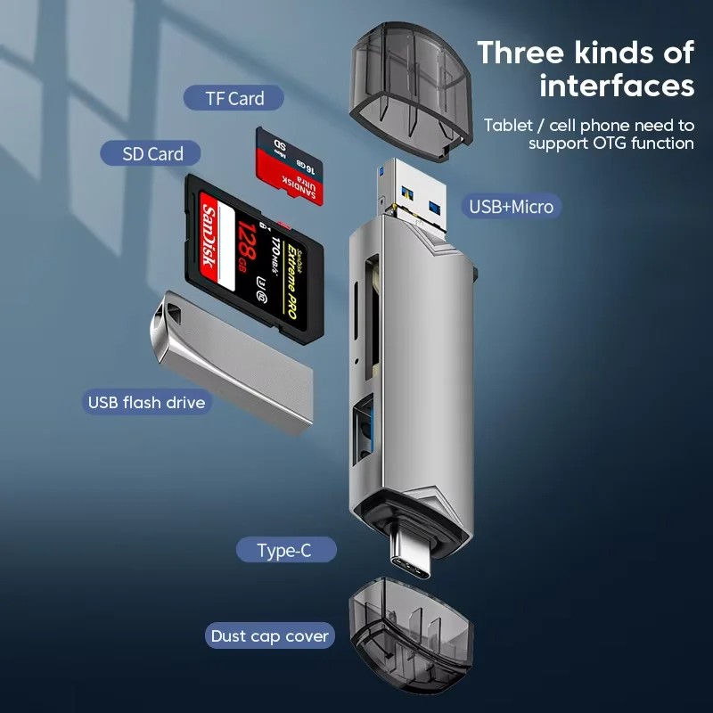 Adaptateur carte SD 6 en 1 OTG en USB 3.0 Adaptateur carte SD 6 en 1 OTG en USB 3.0, vue de trois quarts