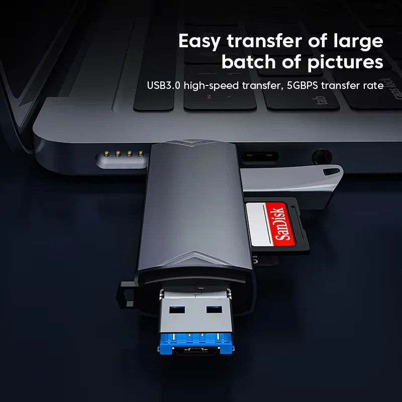 Adaptateur carte SD 6 en 1 OTG en USB 3.0 Adaptateur carte SD 6 en 1 OTG en USB 3.0, vue de face