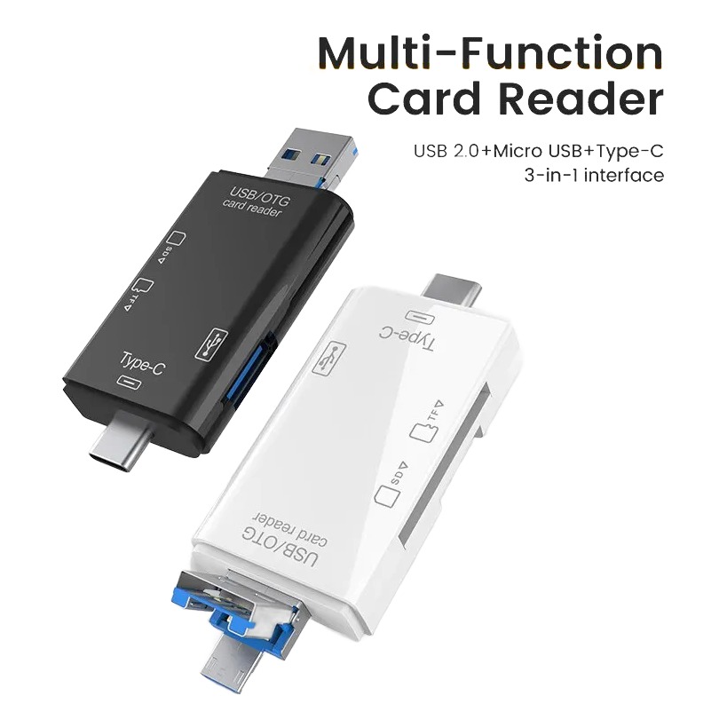 Adaptateur carte SD 6 en 1 : USB-A, USB-C et Micro USB, SD et TF Adaptateur carte SD 6 en 1 : USB-A, USB-C et Micro USB, SD et TF, vue de face