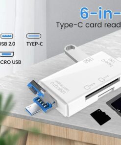 Adaptateur carte SD 6 en 1 : USB-A, USB-C et Micro USB, SD et TF, vue de profil