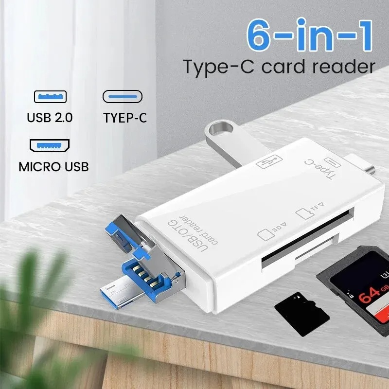 Adaptateur carte SD 6 en 1 : USB-A, USB-C et Micro USB, SD et TF Adaptateur carte SD 6 en 1 : USB-A, USB-C et Micro USB, SD et TF, vue de profil