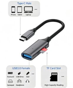 Adaptateur carte sd, adaptateur OTG USB-C vers USB-A femelle pour clé, vue de trois quarts