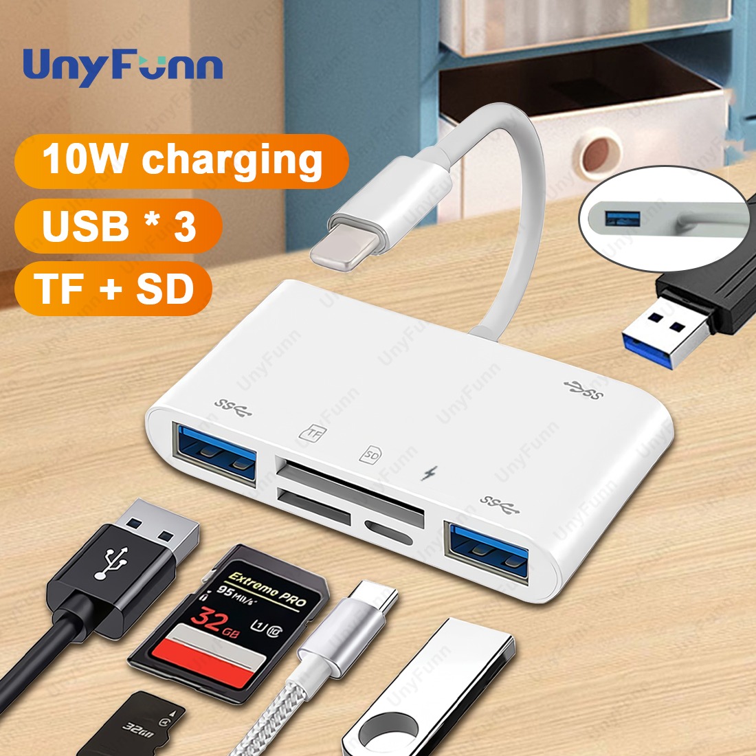Adaptateur carte SD avec trois ports USB, trois versions Adaptateur carte SD avec trois ports USB, trois versions, vue principale