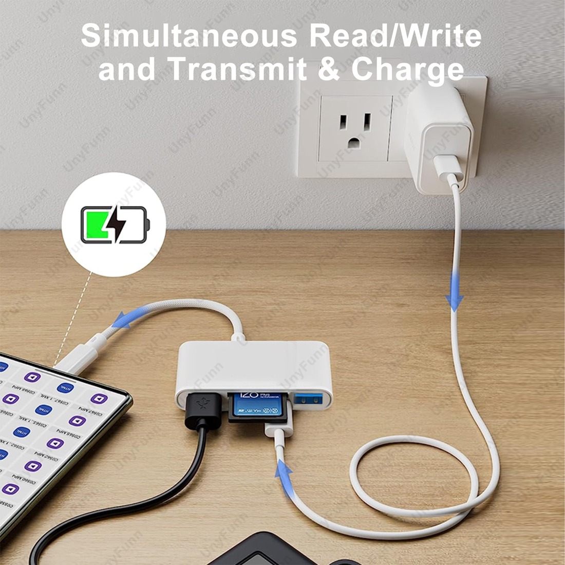 Adaptateur carte SD avec trois ports USB, trois versions Adaptateur carte SD avec trois ports USB, trois versions, vue de trois quarts