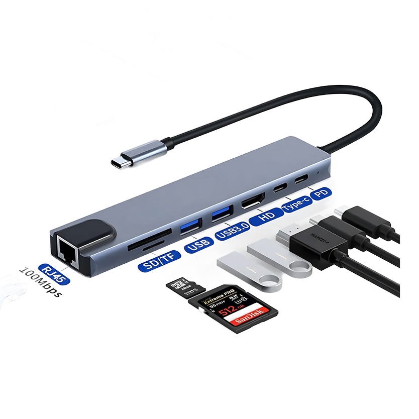 Adaptateur carte SD dans un hub USB-C 8 en 1, sortie 4K Adaptateur carte SD dans un hub USB-C 8 en 1, sortie 4K, vue de trois quarts