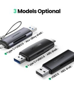 Adaptateur carte SD en USB-A, USB-C ou double connecteur, vue de trois quarts