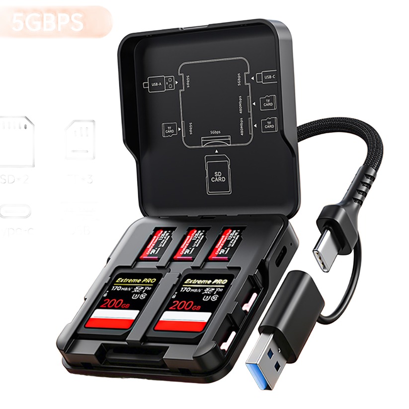 Adaptateur carte SD et boîtier de rangement 5 en 1, USB et USB-C Adaptateur carte SD et boîtier de rangement 5 en 1, USB et USB-C, vue de face