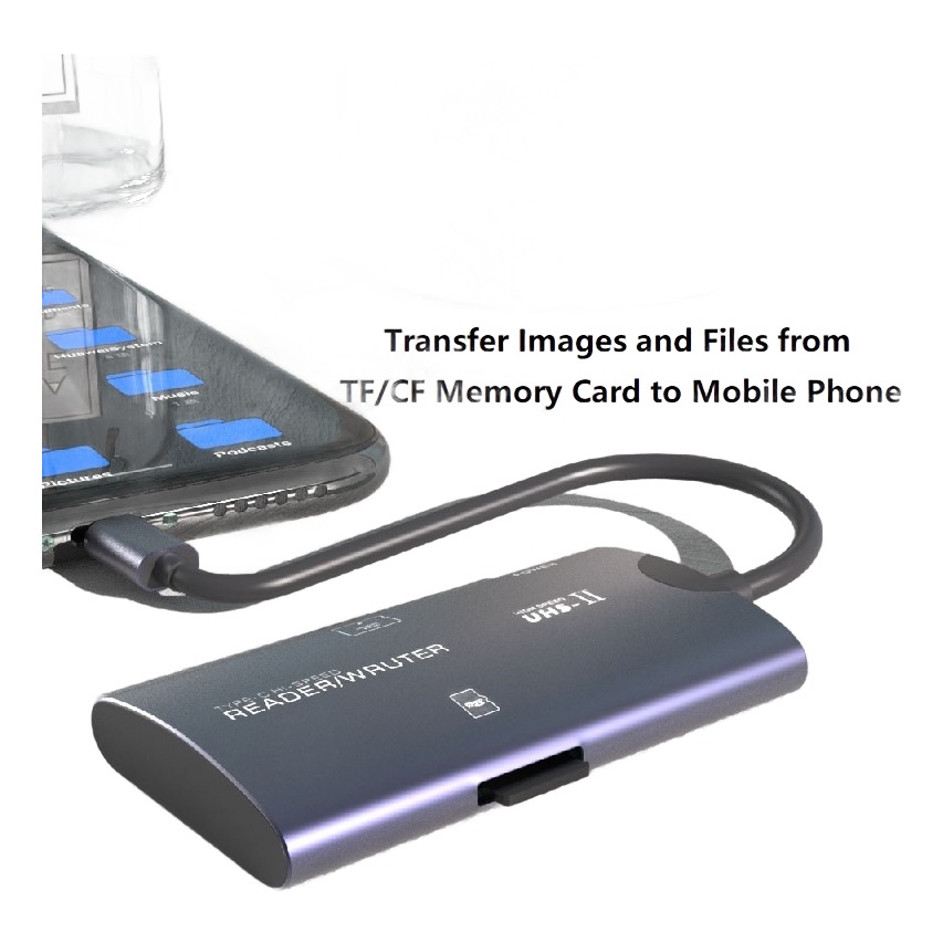 Adaptateur carte SD et CF 2 en 1, connecteur USB ou USB-C Adaptateur carte SD et CF 2 en 1, connecteur USB ou USB-C, vue de trois quarts