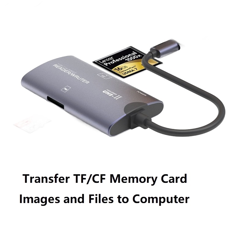 Adaptateur carte SD et CF 2 en 1, connecteur USB ou USB-C Adaptateur carte SD et CF 2 en 1, connecteur USB ou USB-C, vue de profil