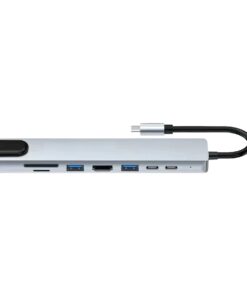 Adaptateur carte SD et hub USB C 8 en 1 avec sortie 4K, vue de trois quarts