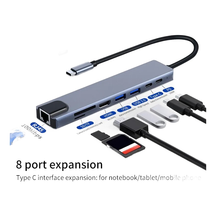 Adaptateur carte SD et hub USB C 8 en 1 avec sortie 4K Adaptateur carte SD et hub USB C 8 en 1 avec sortie 4K, vue de face