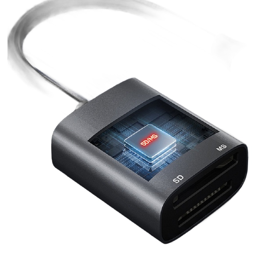 Adaptateur carte SD et Memory Stick, en USB-C ou Lightning Adaptateur carte SD et Memory Stick, en USB-C ou Lightning, vue de trois quarts