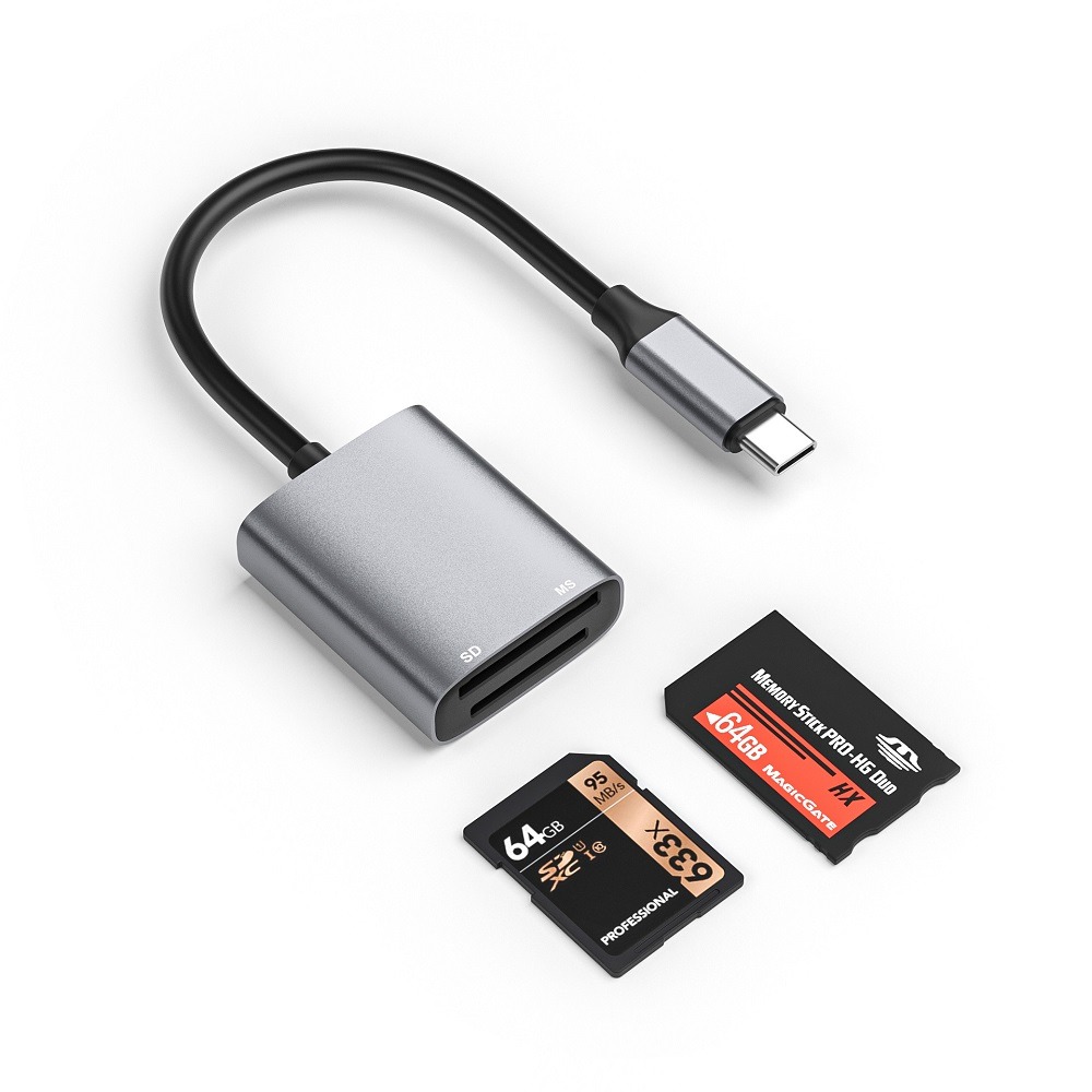 Adaptateur carte SD et Memory Stick, en USB-C ou Lightning Adaptateur carte SD et Memory Stick, en USB-C ou Lightning, vue de face