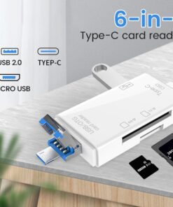 Adaptateur carte SD et micro SD à trois fiches USB A, micro USB et USB C, vue de face