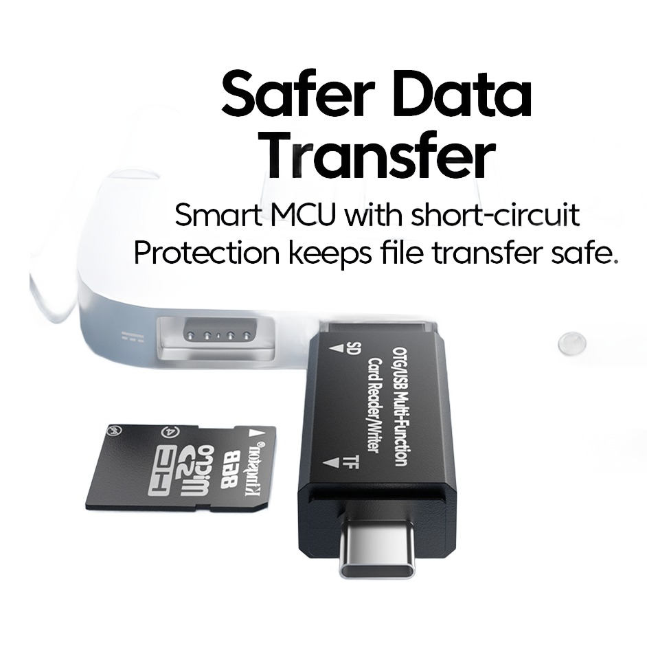 Adaptateur carte SD et microSD, lecteur à double prise USB A et C Adaptateur carte SD et microSD, lecteur à double prise USB A et C, vue de trois quarts