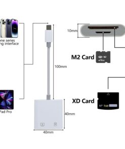 Adaptateur carte SD pour cartes xD et M2, USB-C ou port iPhone, vue de trois quarts