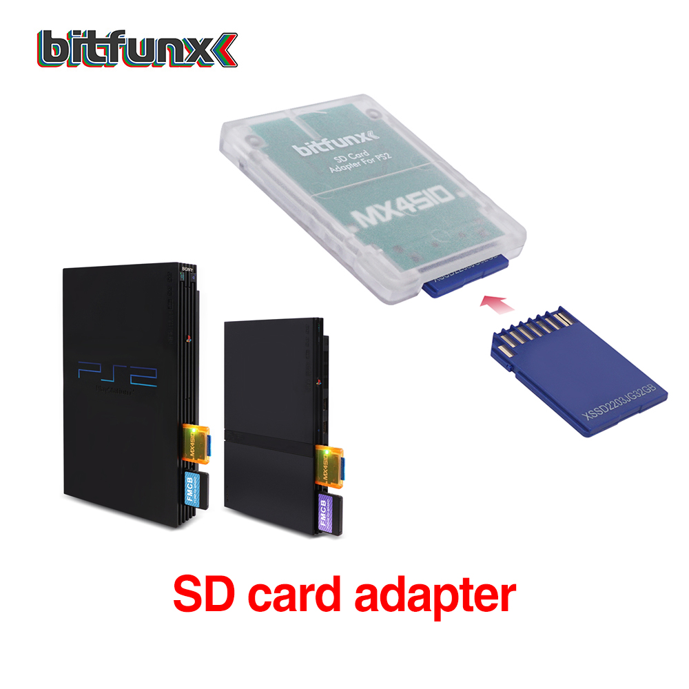Adaptateur carte SD pour console PlayStation 2, huit couleurs Adaptateur carte SD pour console PlayStation 2, huit couleurs, vue de trois quarts