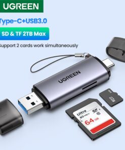 Adaptateur carte SD sur USB-A et USB-C, version SD 4.0 possible, vue de trois quarts