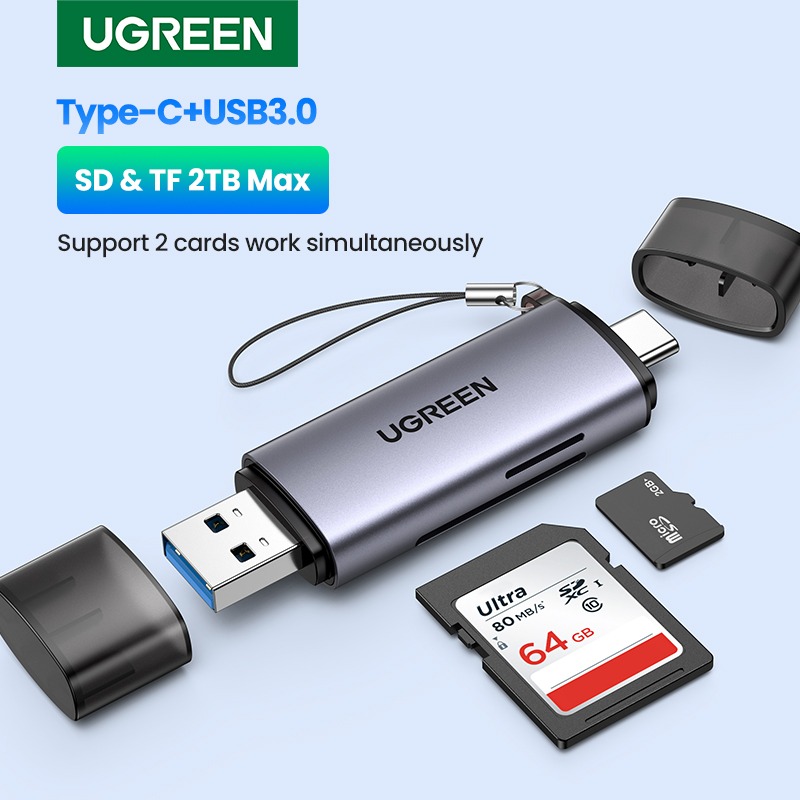 Adaptateur carte SD sur USB-A et USB-C, version SD 4.0 possible Adaptateur carte SD sur USB-A et USB-C, version SD 4.0 possible, vue de trois quarts