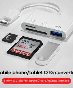 Adaptateur carte sd trois en un sur prise USB C, mode OTG, vue de face