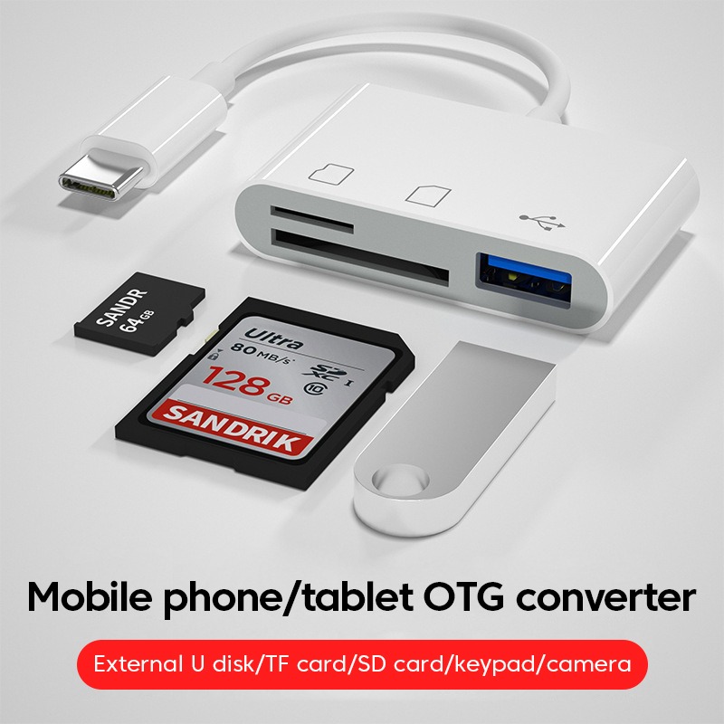 Adaptateur carte sd trois en un sur prise USB C, mode OTG Adaptateur carte sd trois en un sur prise USB C, mode OTG, vue de face