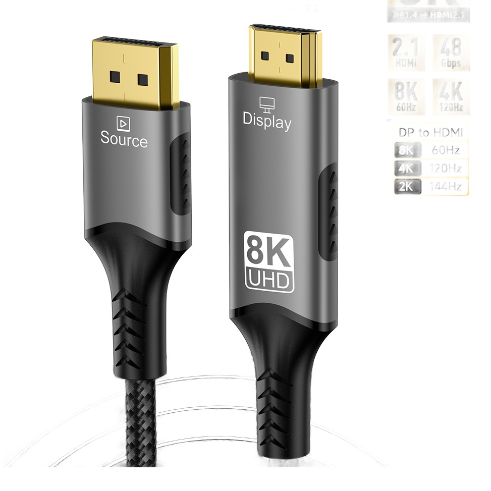 Adaptateur DisplayPort HDMI 2.1 en 8K à 60 Hz Adaptateur DisplayPort HDMI 2.1 en 8K à 60 Hz, vue de trois quarts