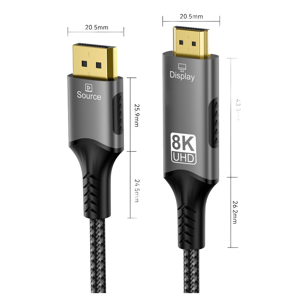Adaptateur DisplayPort HDMI 2.1 en 8K à 60 Hz Adaptateur DisplayPort HDMI 2.1 en 8K à 60 Hz, vue de face