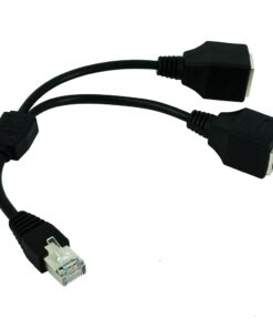 Adaptateur ethernet : séparateur RJ45 un vers deux, mâle vers femelle, vue de trois quarts