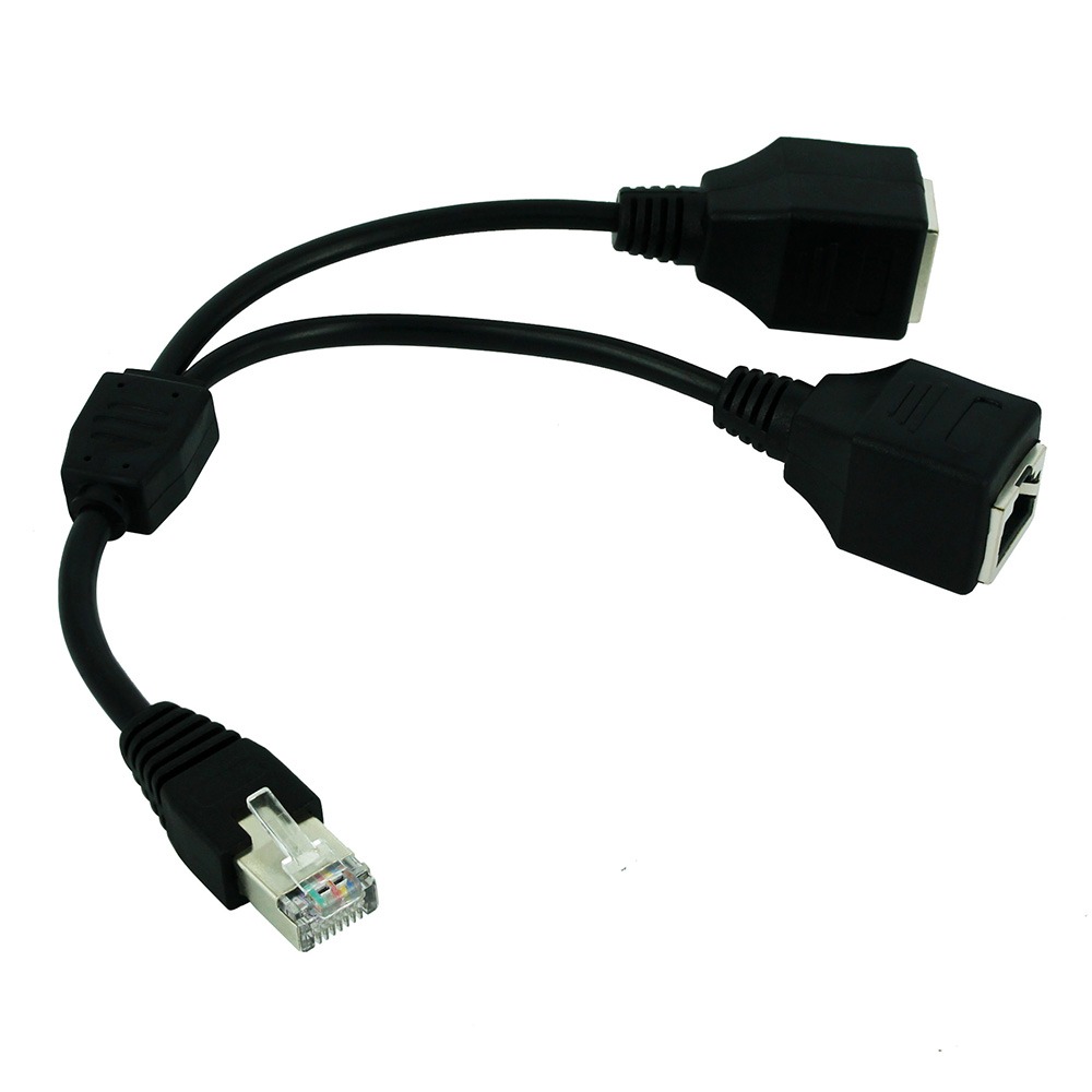 Adaptateur ethernet : séparateur RJ45 un vers deux, mâle vers femelle Adaptateur ethernet : séparateur RJ45 un vers deux, mâle vers femelle, vue de trois quarts