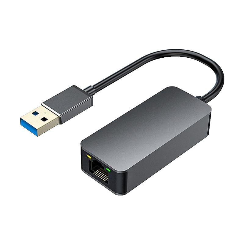 Adaptateur Ethernet USB 2,5 Gbit en USB-C, USB 3.0 ou 2 en 1 Adaptateur Ethernet USB 2,5 Gbit en USB-C, USB 3.0 ou 2 en 1, vue de trois quarts