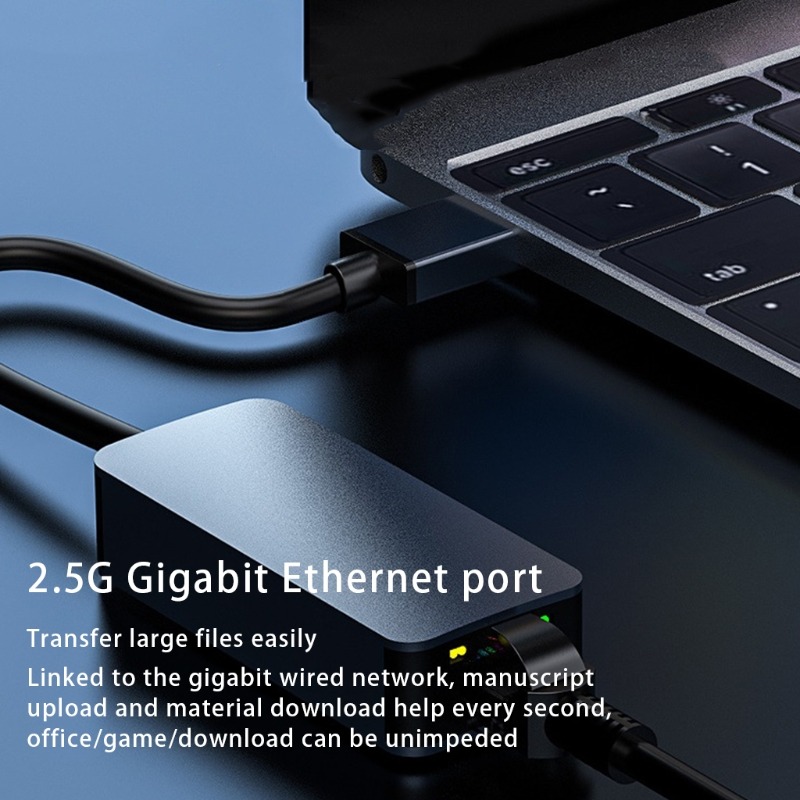 Adaptateur Ethernet USB 2,5 Gbit en USB-C, USB 3.0 ou 2 en 1 Adaptateur Ethernet USB 2,5 Gbit en USB-C, USB 3.0 ou 2 en 1, vue de profil