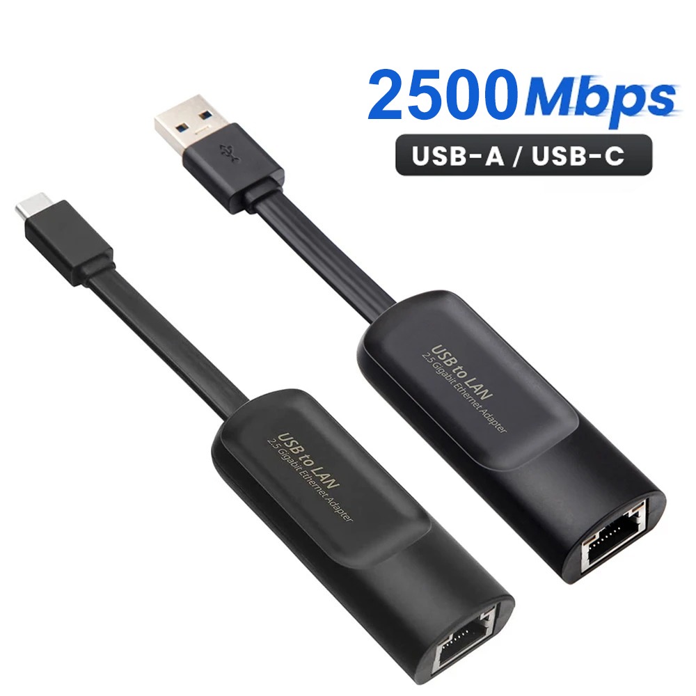 Adaptateur Ethernet USB 2,5 Gbit pour USB-C et USB 3.0 Adaptateur Ethernet USB 2,5 Gbit pour USB-C et USB 3.0, vue de trois quarts