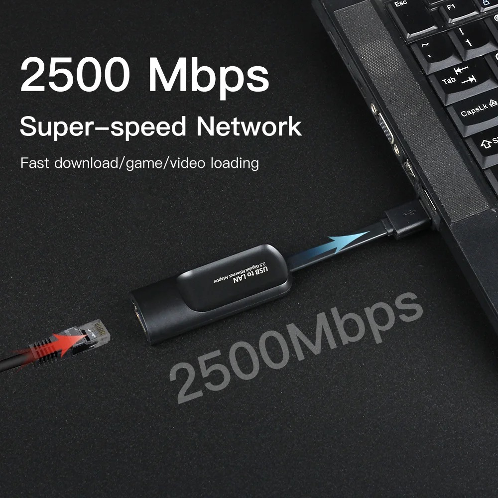 Adaptateur Ethernet USB 2,5 Gbit pour USB-C et USB 3.0 Adaptateur Ethernet USB 2,5 Gbit pour USB-C et USB 3.0, vue de profil