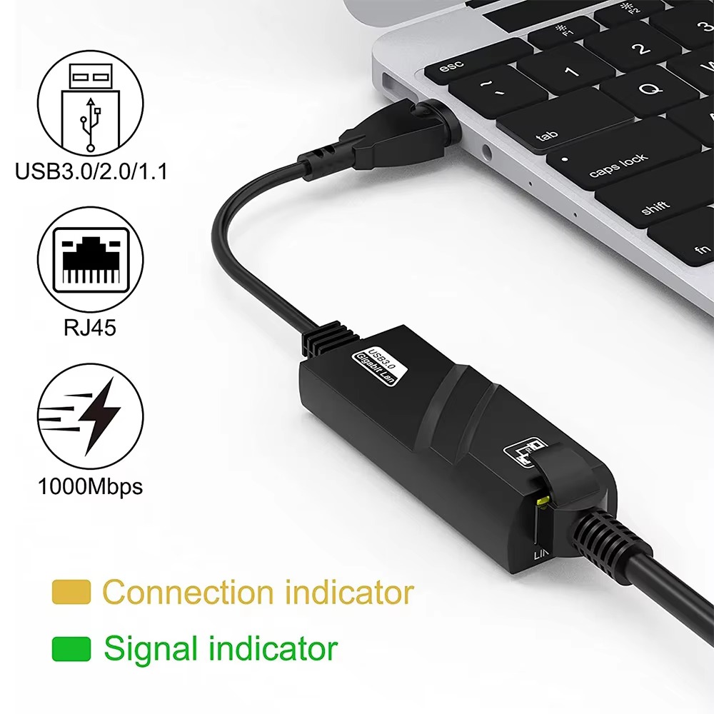 Adaptateur ethernet USB 3.0 gigabit, voyants de liaison Adaptateur ethernet USB 3.0 gigabit, voyants de liaison, vue de face