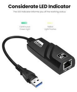 Adaptateur ethernet USB 3.0 vers RJ45, câble de 50 cm, vue de trois quarts