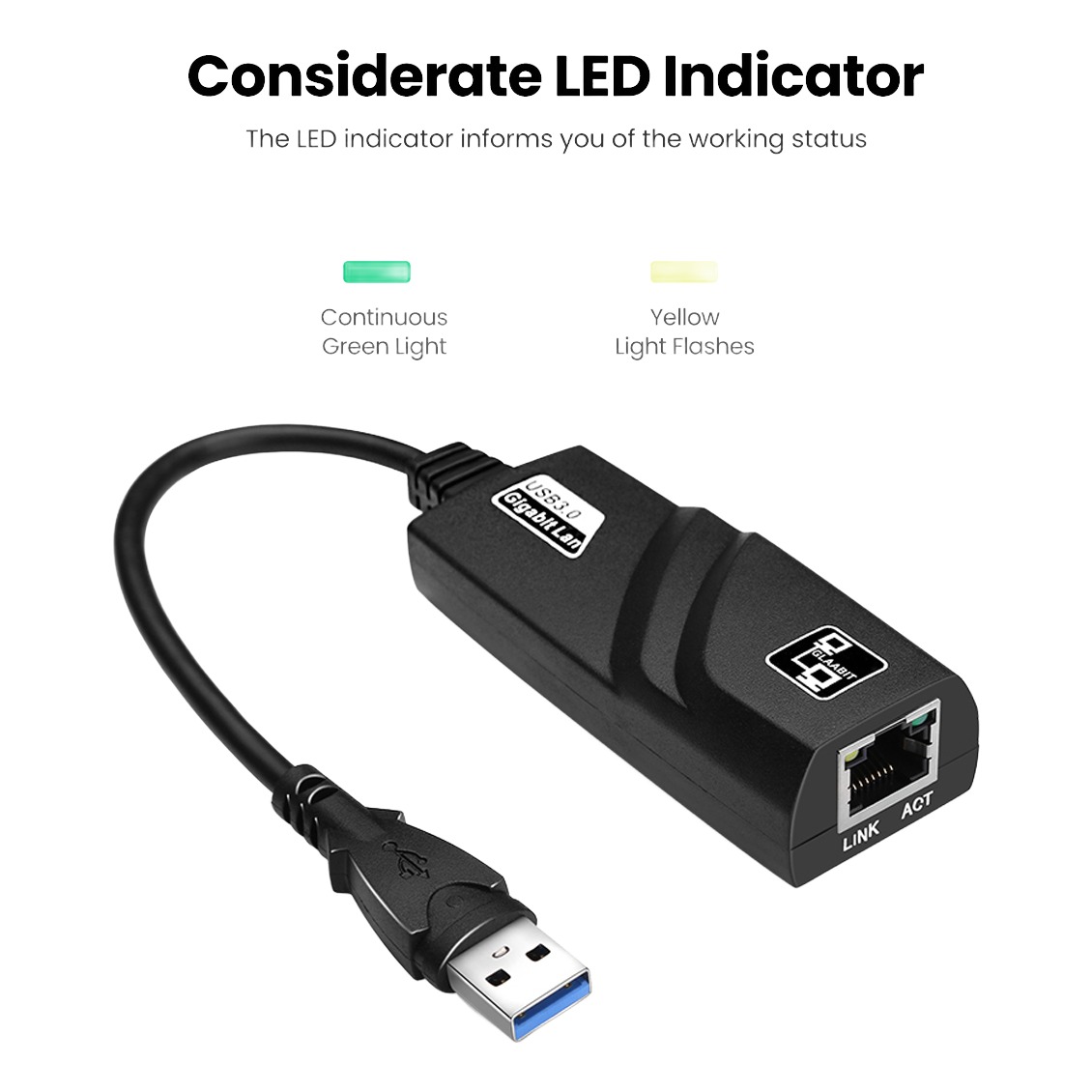 Adaptateur ethernet USB 3.0 vers RJ45, câble de 50 cm Adaptateur ethernet USB 3.0 vers RJ45, câble de 50 cm, vue de trois quarts