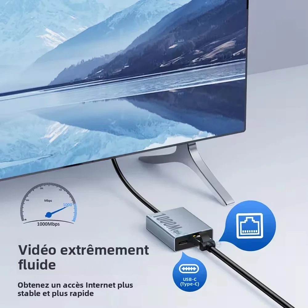 Adaptateur ethernet USB, adaptateur ethernet USB-C pour boîtier Adaptateur ethernet USB, adaptateur ethernet USB-C pour boîtier, vue de trois quarts