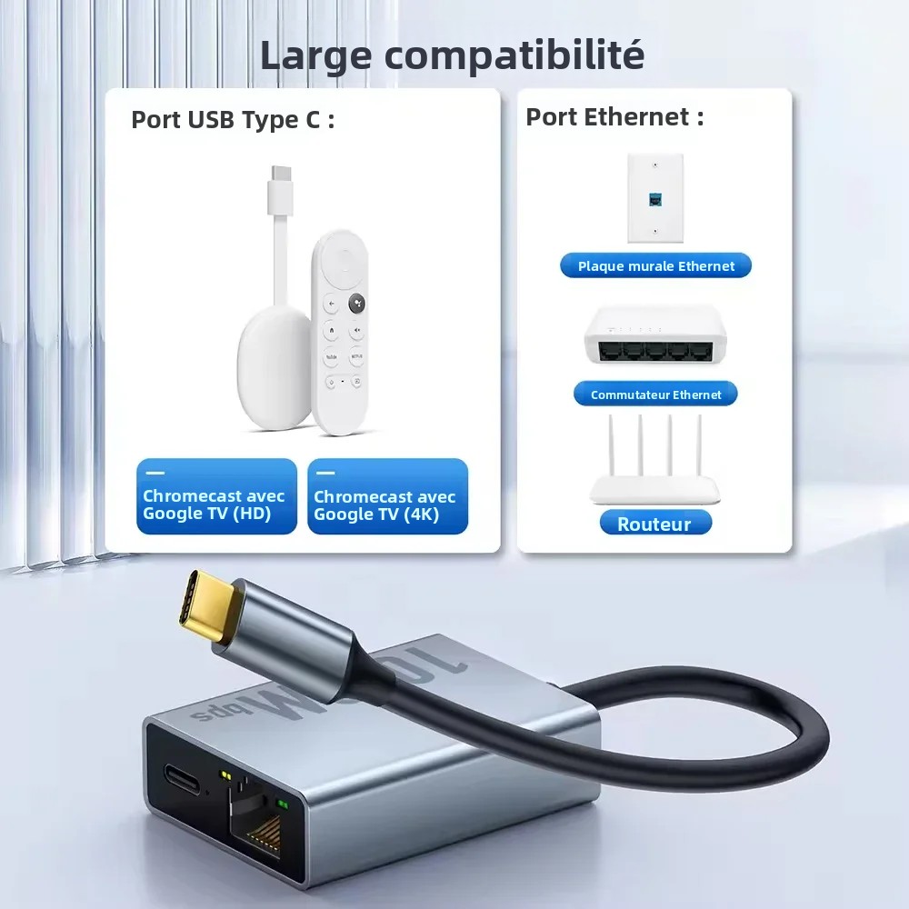 Adaptateur ethernet USB, adaptateur ethernet USB-C pour boîtier Adaptateur ethernet USB, adaptateur ethernet USB-C pour boîtier, vue de profil