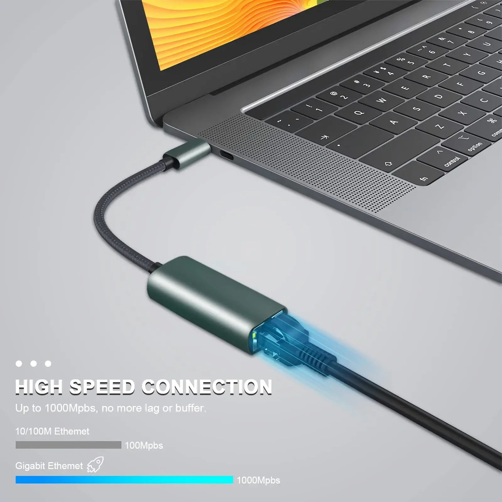 Adaptateur Ethernet USB-C compact pour ordinateur portable Adaptateur Ethernet USB-C compact pour ordinateur portable, vue de trois quarts