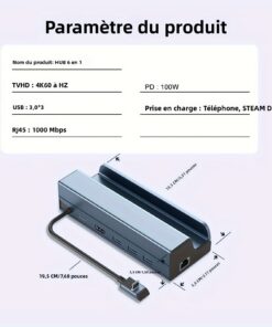 Adaptateur ethernet USB en station 6 en 1 pour console, vue de trois quarts