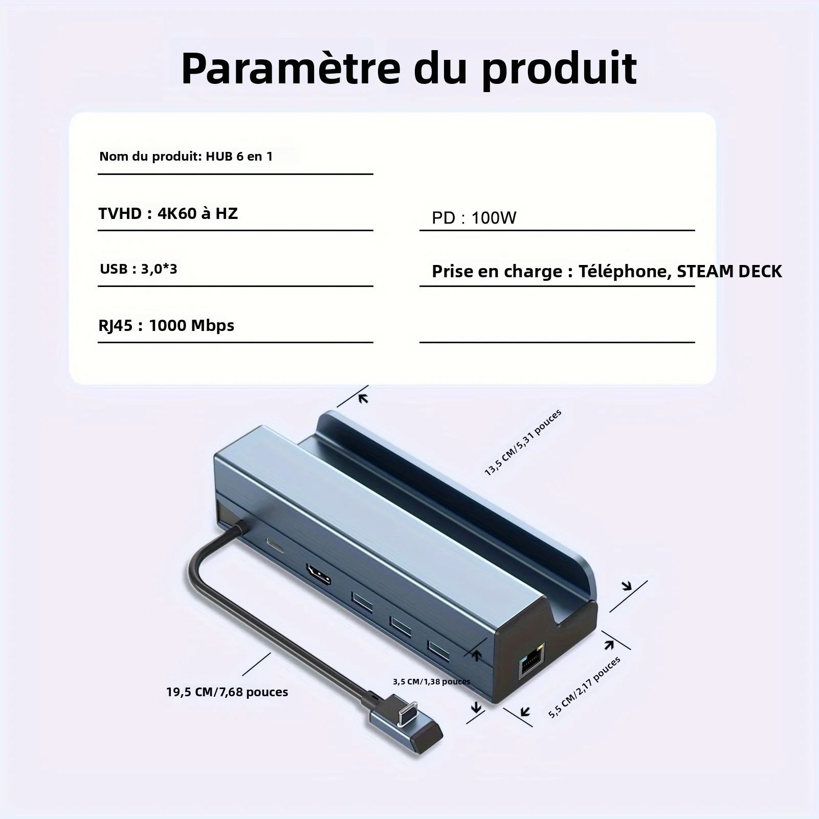 Adaptateur ethernet USB en station 6 en 1 pour console Adaptateur ethernet USB en station 6 en 1 pour console, vue de trois quarts