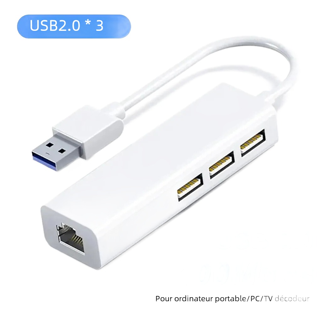 Adaptateur ethernet USB et hub trois ports USB 2.0 Adaptateur ethernet USB et hub trois ports USB 2.0, vue principale