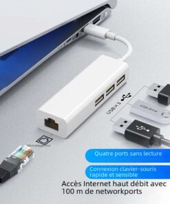 Adaptateur ethernet USB et hub trois ports USB 2.0, vue de trois quarts