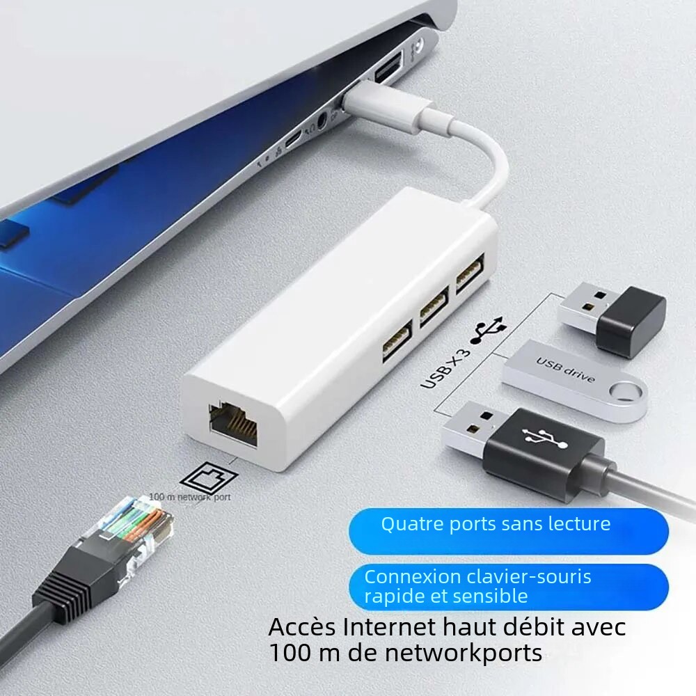 Adaptateur ethernet USB et hub trois ports USB 2.0 Adaptateur ethernet USB et hub trois ports USB 2.0, vue de trois quarts