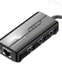 Adaptateur Ethernet USB gigabit avec hub trois ports USB 3.0, vue de trois quarts