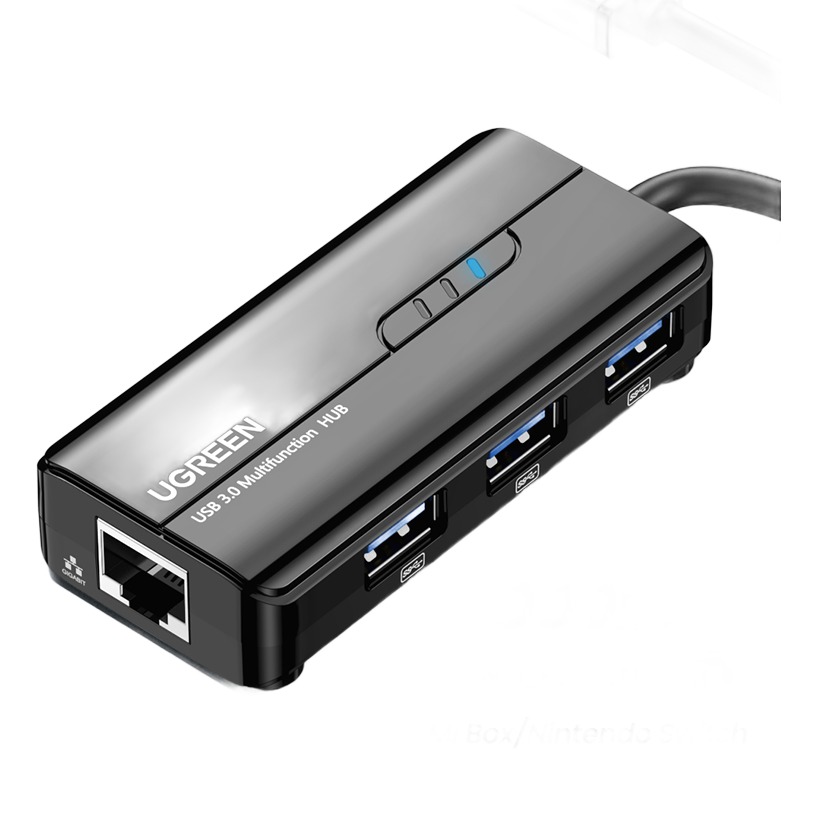 Adaptateur Ethernet USB gigabit avec hub trois ports USB 3.0 Adaptateur Ethernet USB gigabit avec hub trois ports USB 3.0, vue de trois quarts